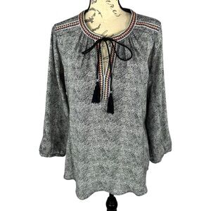 Daniel Rainn Womens Herringbone Tassel Tie Peasant Blouse